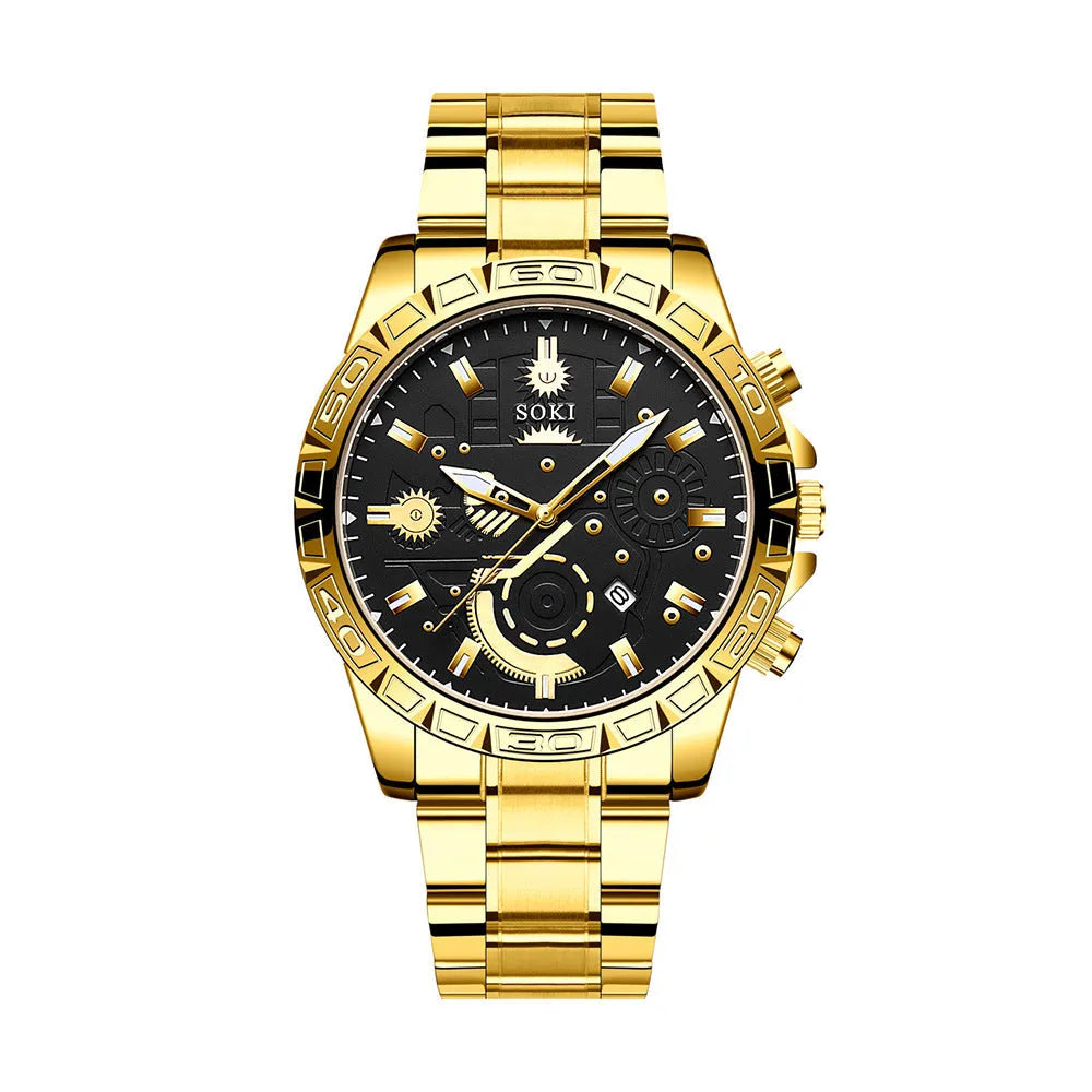 Gold men's business calendar quartz watch with stainless steel bracelet and single folding buckle