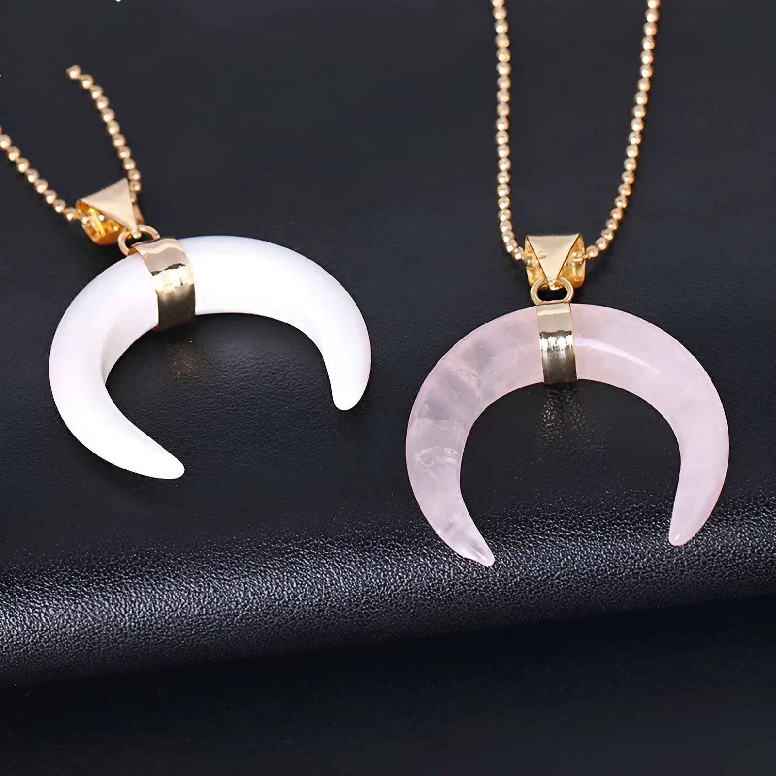 Natural stone moon pendant necklace with electroplated copper fittings and adjustable chain