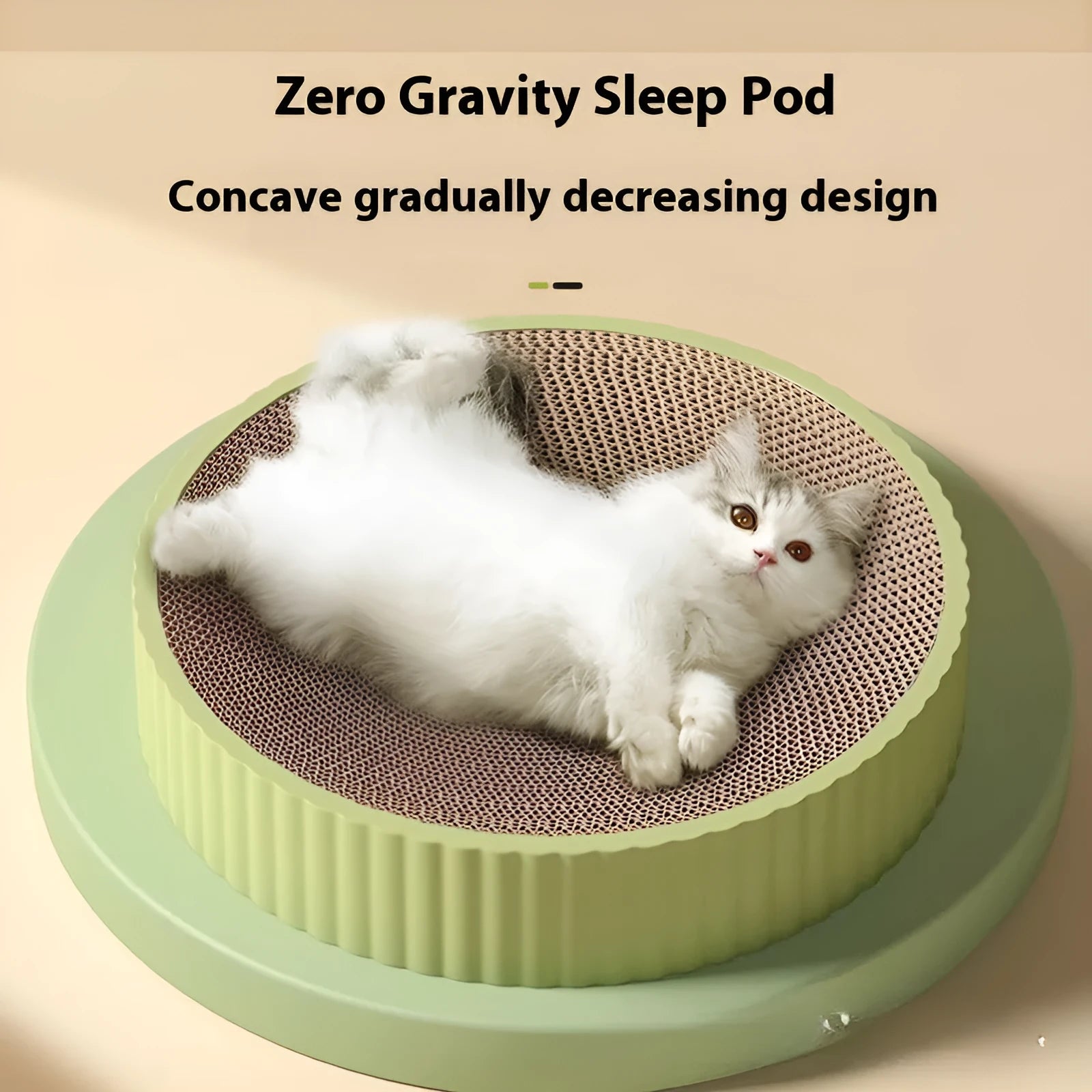 Round green cat scratching board with corrugated paper surface and two replacement packs