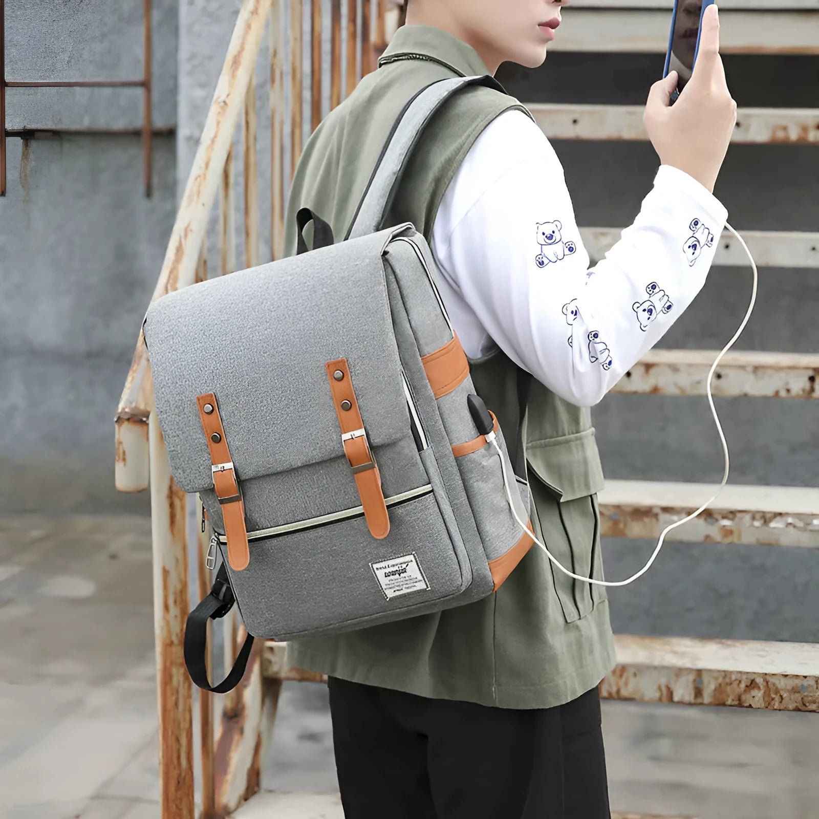 Three-piece large capacity business backpack in Oxford cloth, shown with curved shoulder straps