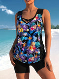 Women's blue two-piece swimsuit with floral lace print, showing top and briefs.