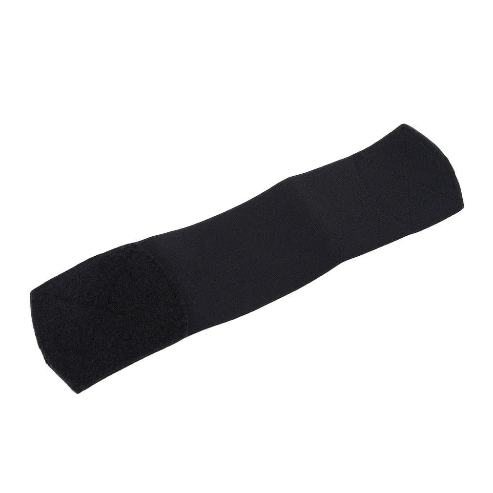Red rubber elastic strap for securing football shin guards and sports protective pads.