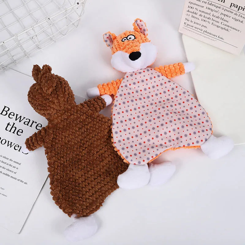 Brown stuffed animal fox elephant pet toy with soft velvet exterior for cats and dogs.