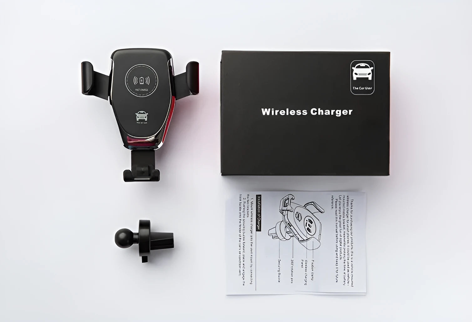 Black car wireless charger mounted on vehicle ventilation hole showing iPhone in automatic clamping mechanism