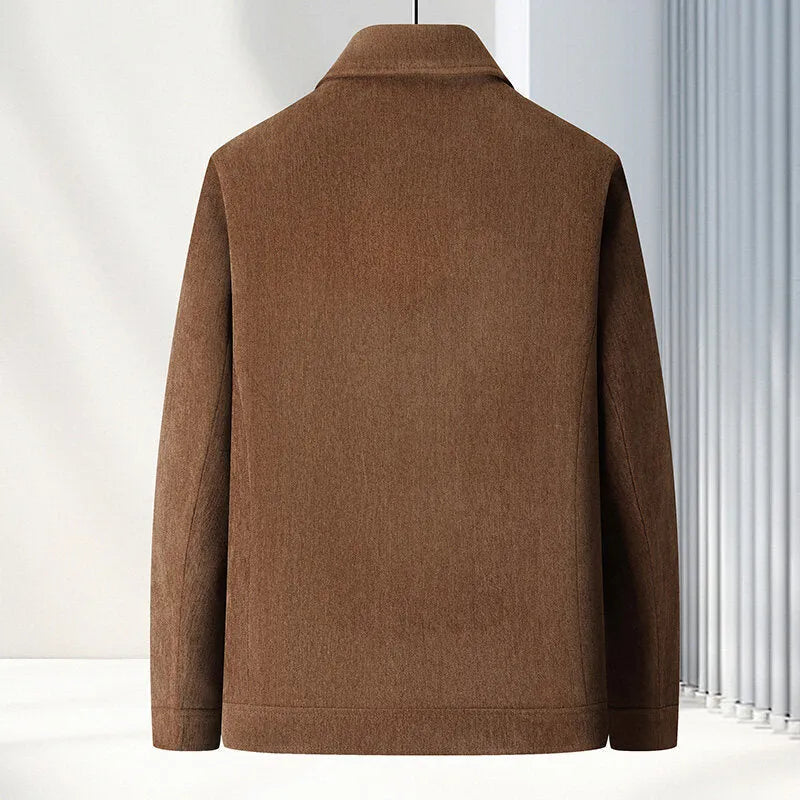 Men's slim fit casual lapel jacket in brown, showcasing the collar and front button closure.