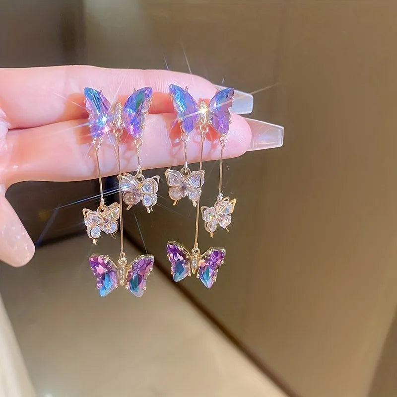 Blue purple butterfly tassel drop earrings with silver needle crystal flowers for women
