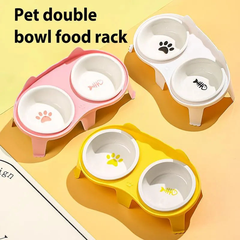 Ceramic cat food and water bowl set with elevated tilted stand in choice of colours