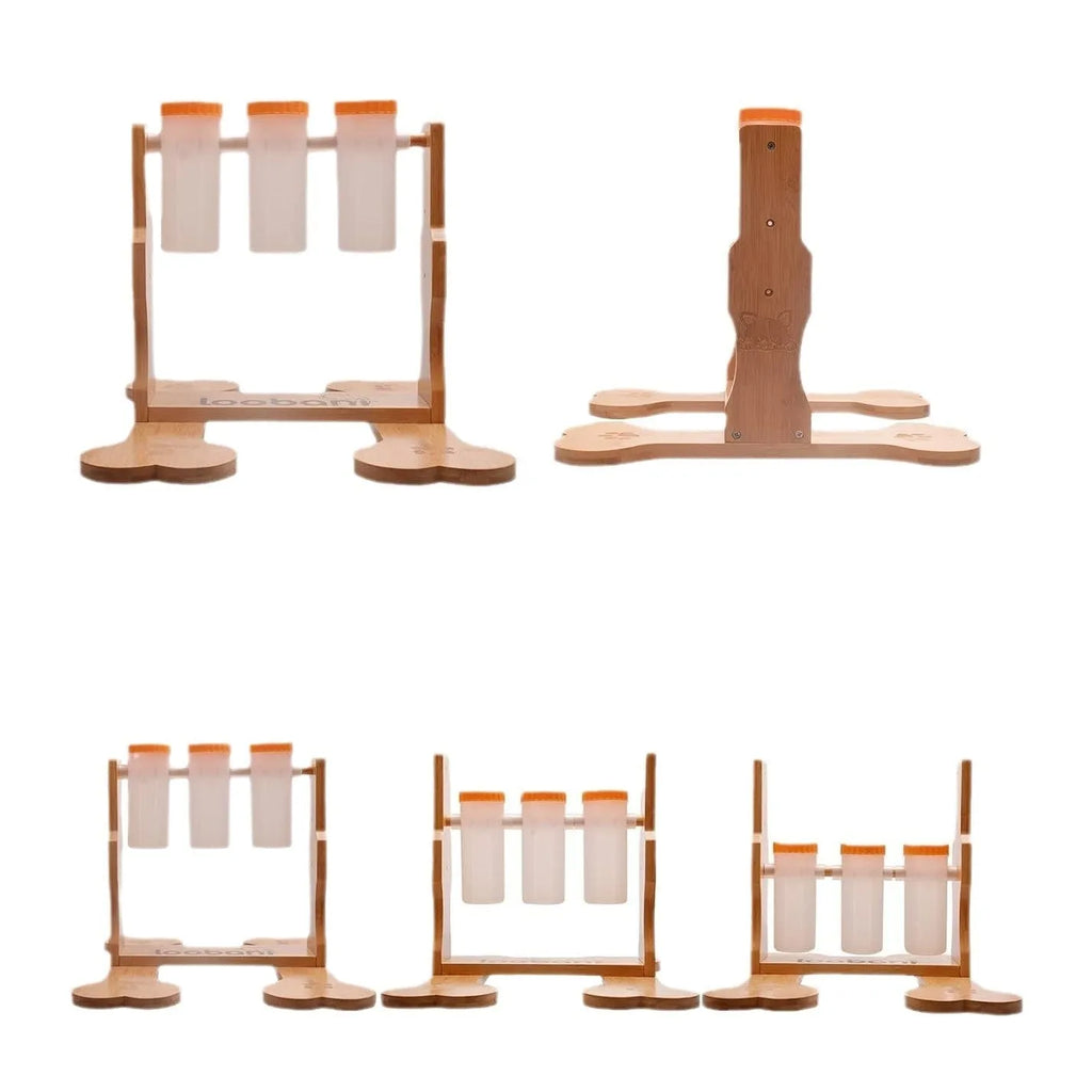 Natural wood colour dog puzzle feeder toy measuring 31cm long by 30cm wide by 20cm high