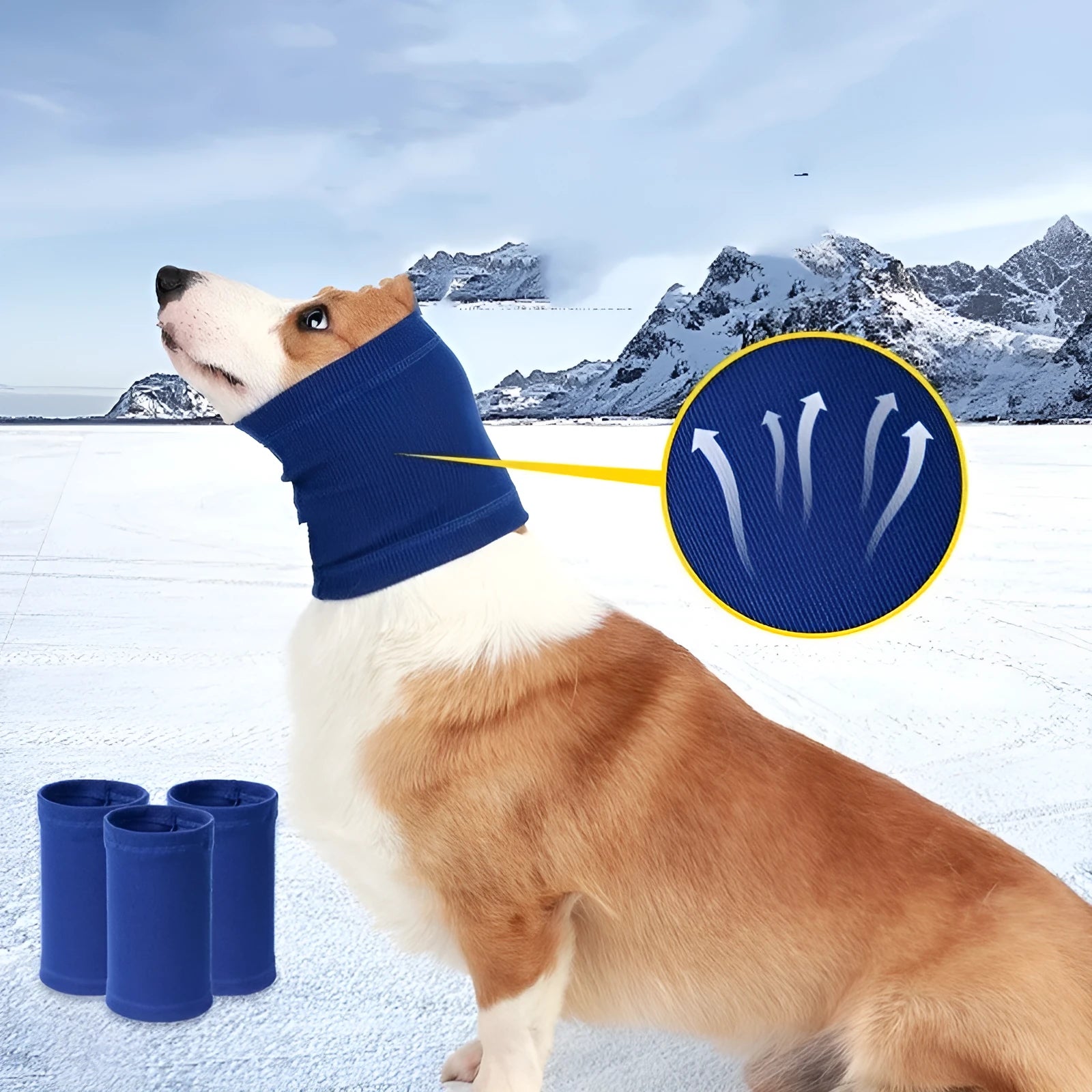 Blue or grey polyester dog comforter headband scarf shown in small, medium, and large sizes