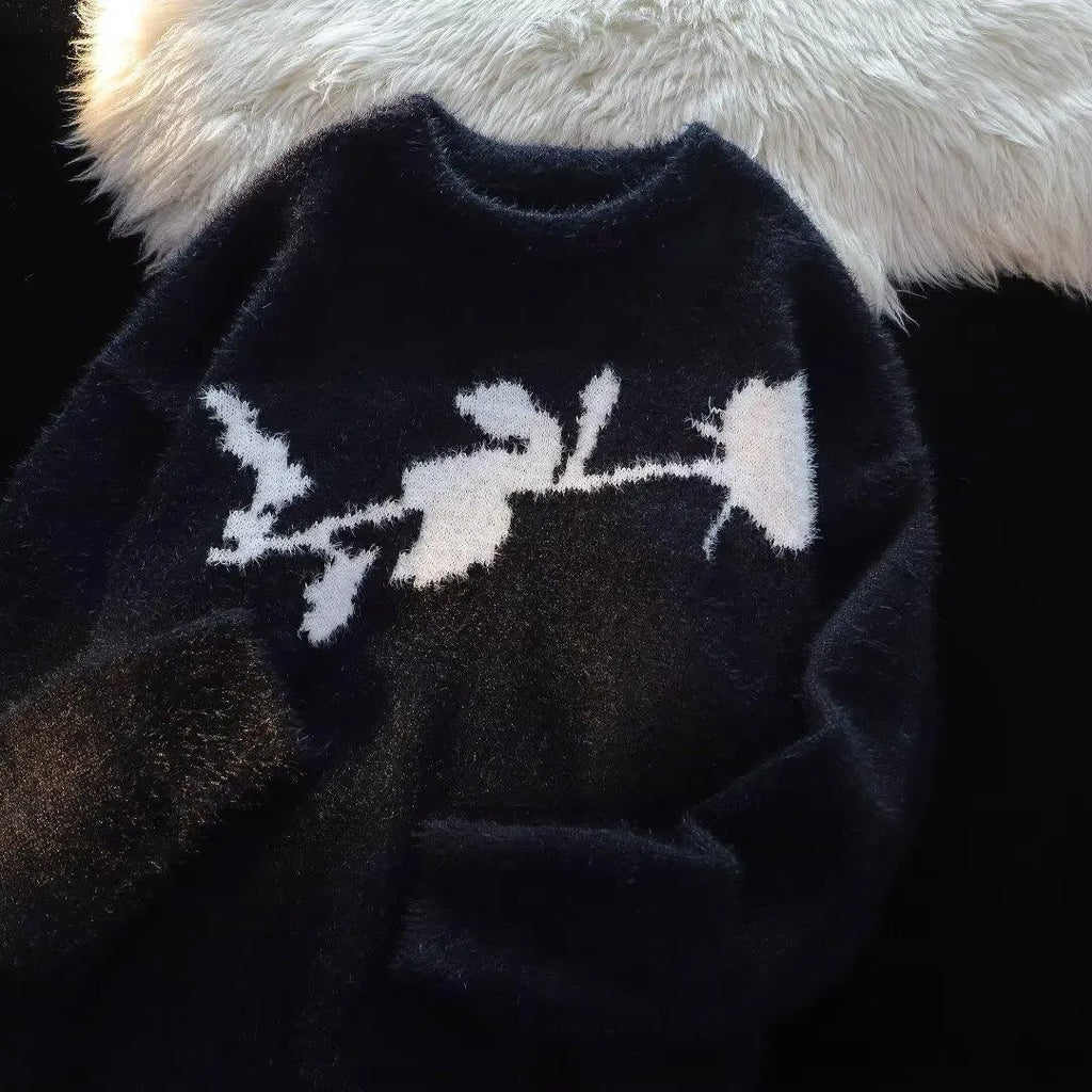 American dark rose flocking horse sweater for men, cotton blend pullover, black colour, front view