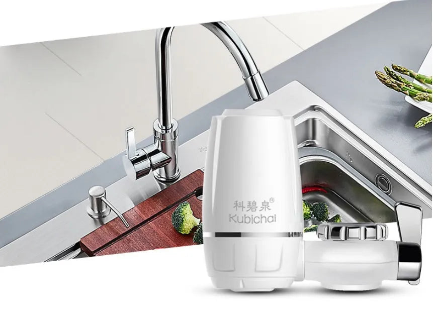 White plastic faucet-mounted water filter with switch control and ceramic cartridge