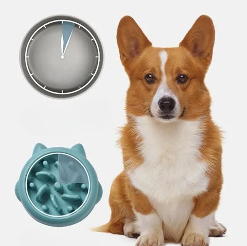 Green bone-ridge slow feeder bowl for dogs and cats on a floor.