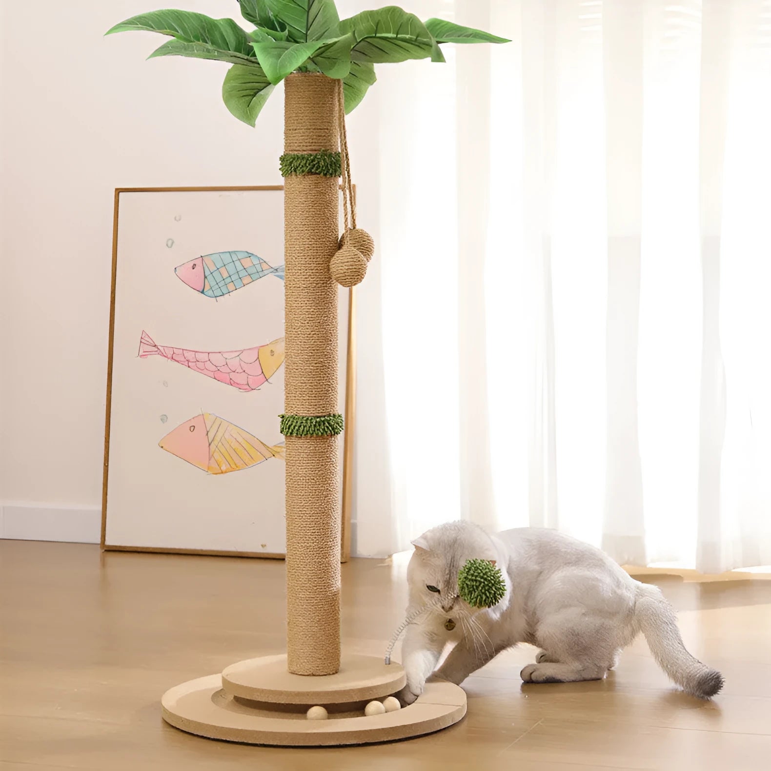 Vertical cat climbing frame with hemp rope posts in Canna colour on a simple density board base.