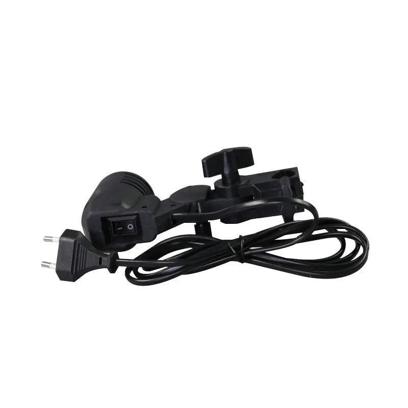 Black photographic single lamp holder with E27 port and power cords for studio lighting.