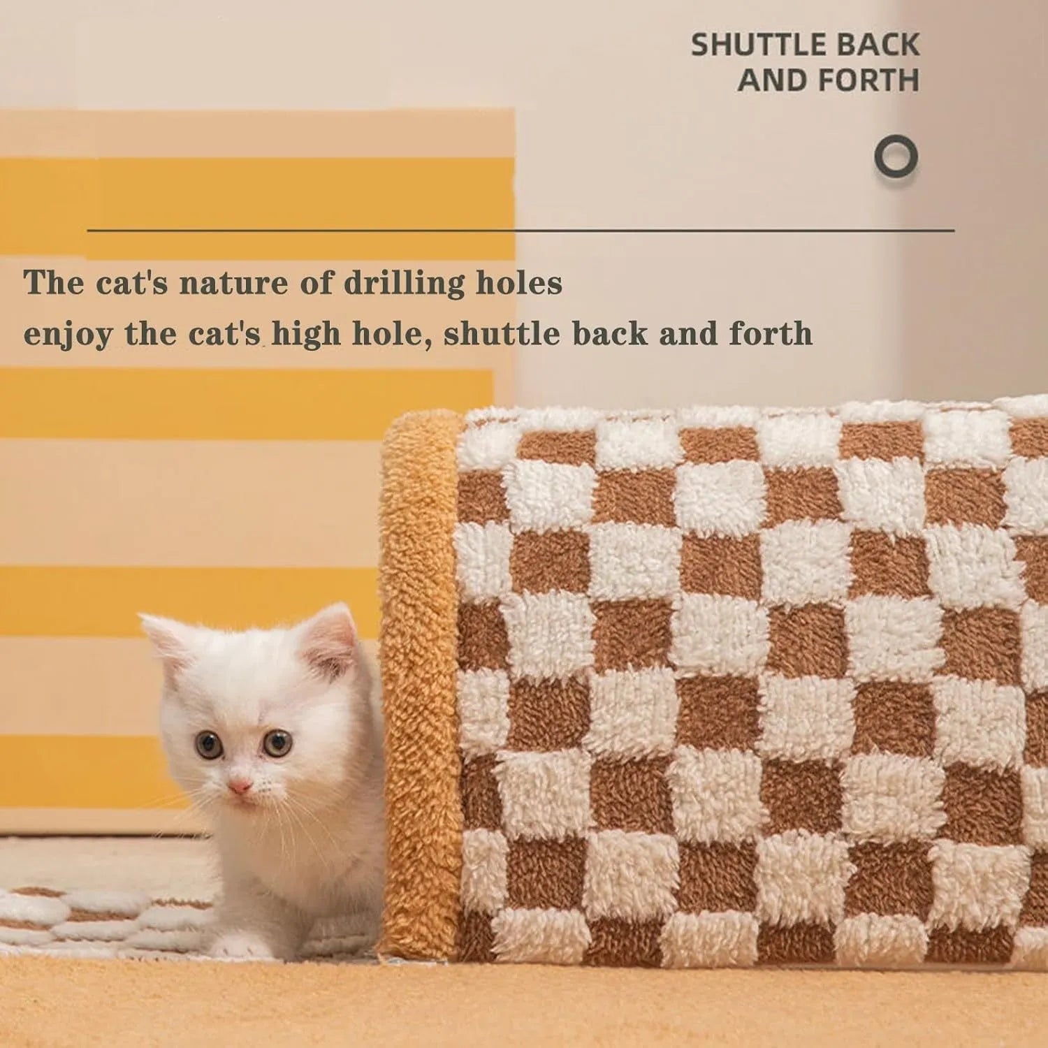 Brown plaid plush cat tunnel bed with a zippered side and central mat, shown on a wooden floor.