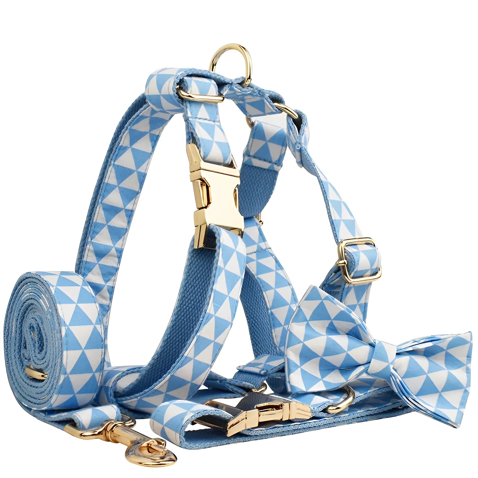 Blue cloth dog collar, leash, vest, and bow four-piece pet accessory set