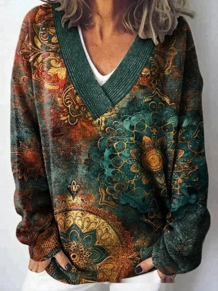 Women's V-neck floral print sweatshirt with 3D effect and long sleeves in art retro style.