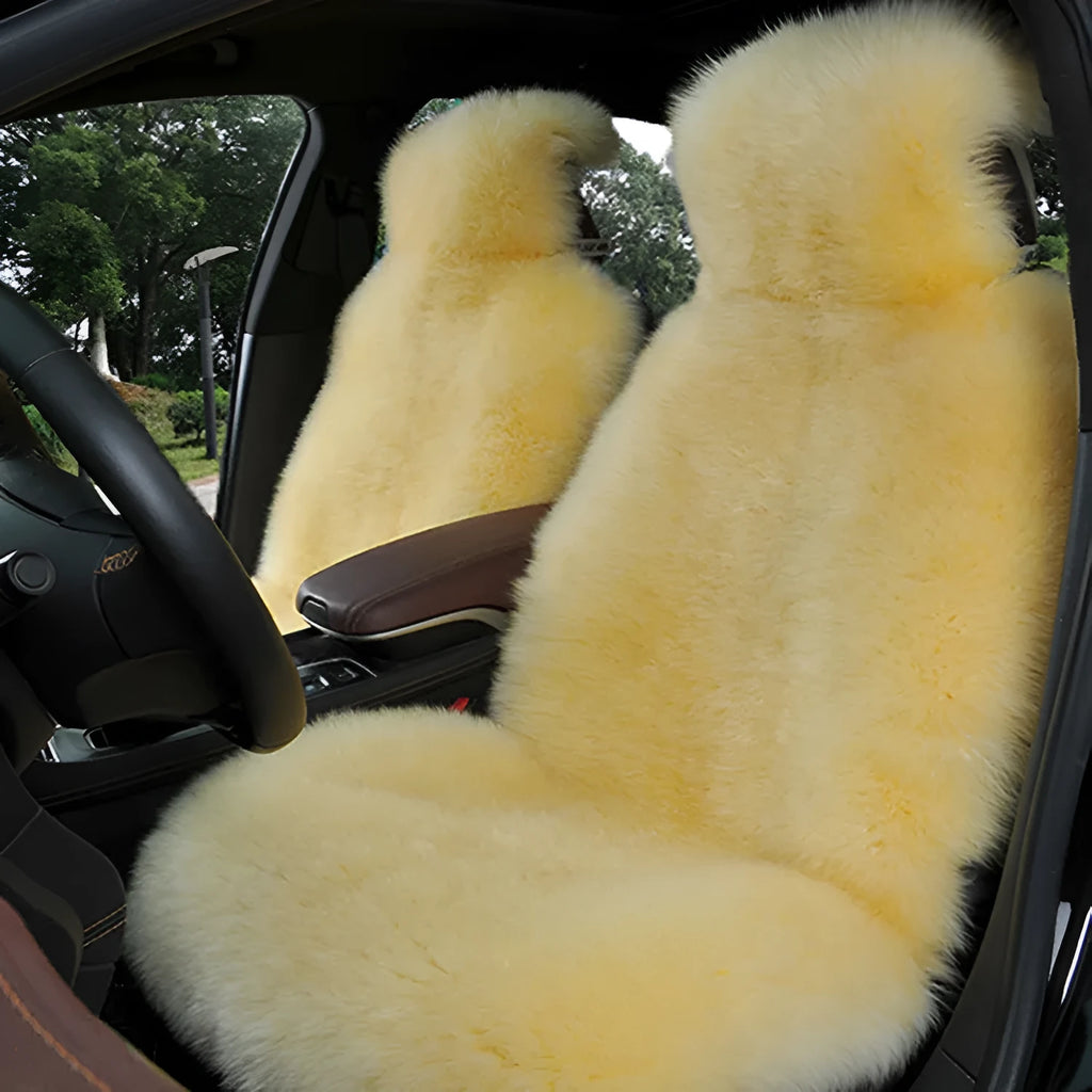 White winter plush car seat cushion with cotton filler on a single seat