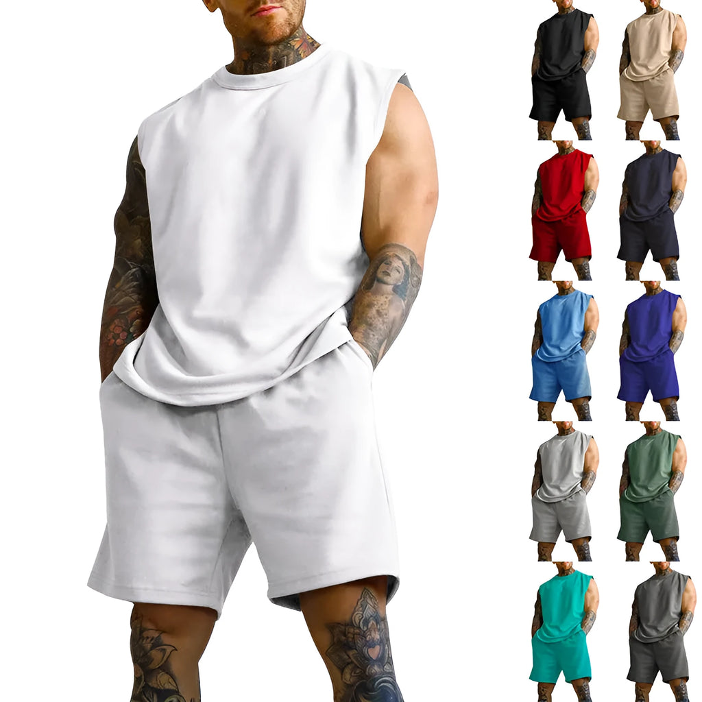 Men's sleeveless top and shorts sports set in cotton blend fabric shown in army green colour.