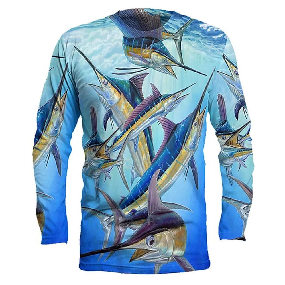Man wearing a long-sleeved grey pullover with a detailed multi-coloured fish print design on the front.