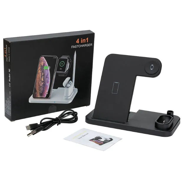 4-in-1 wireless charging station with adjustable stand charging iPhone, Apple Watch, and AirPods