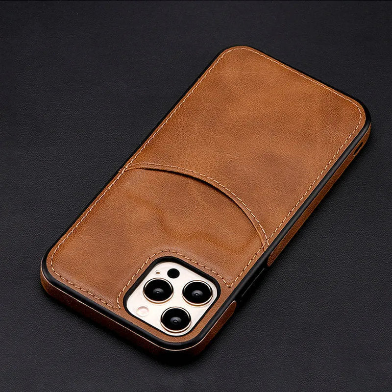 Dark blue PU leather protective case for iPhone, shown fitting an iPhone model.