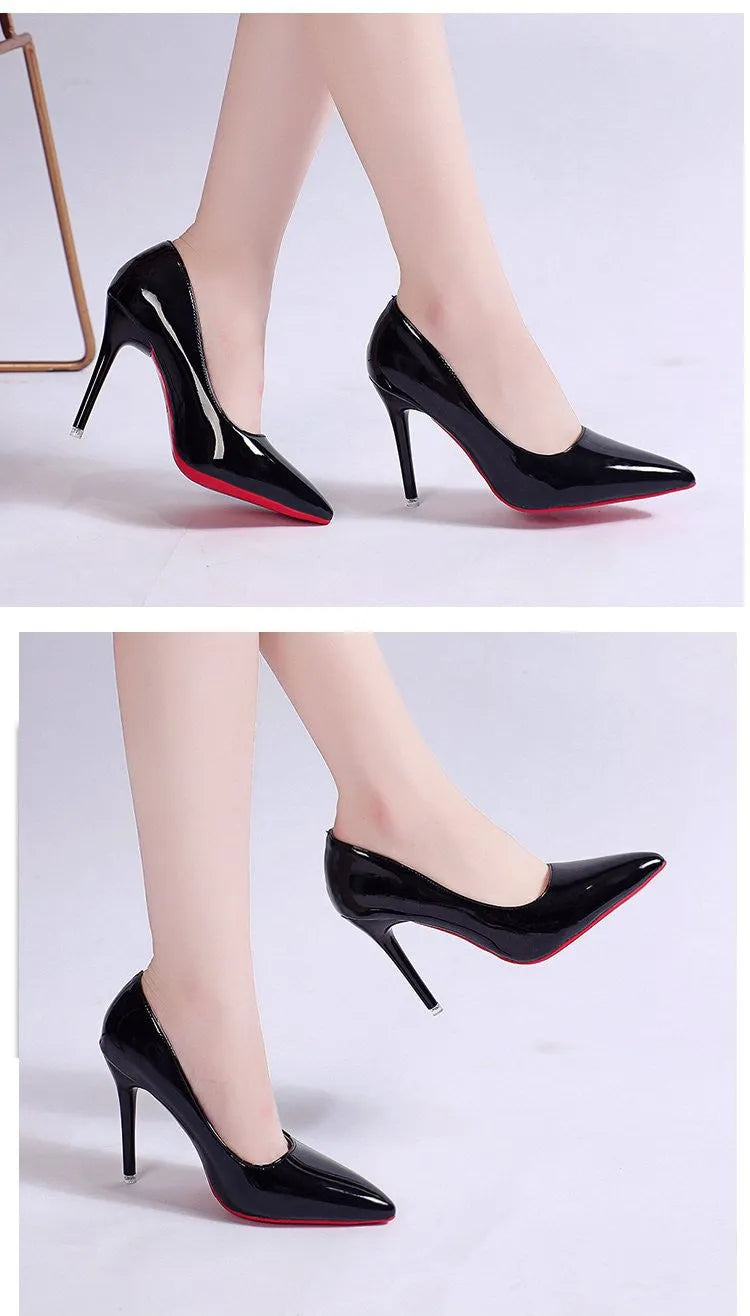 Women's pointed toe stiletto heel pumps in black with shallow mouth opening