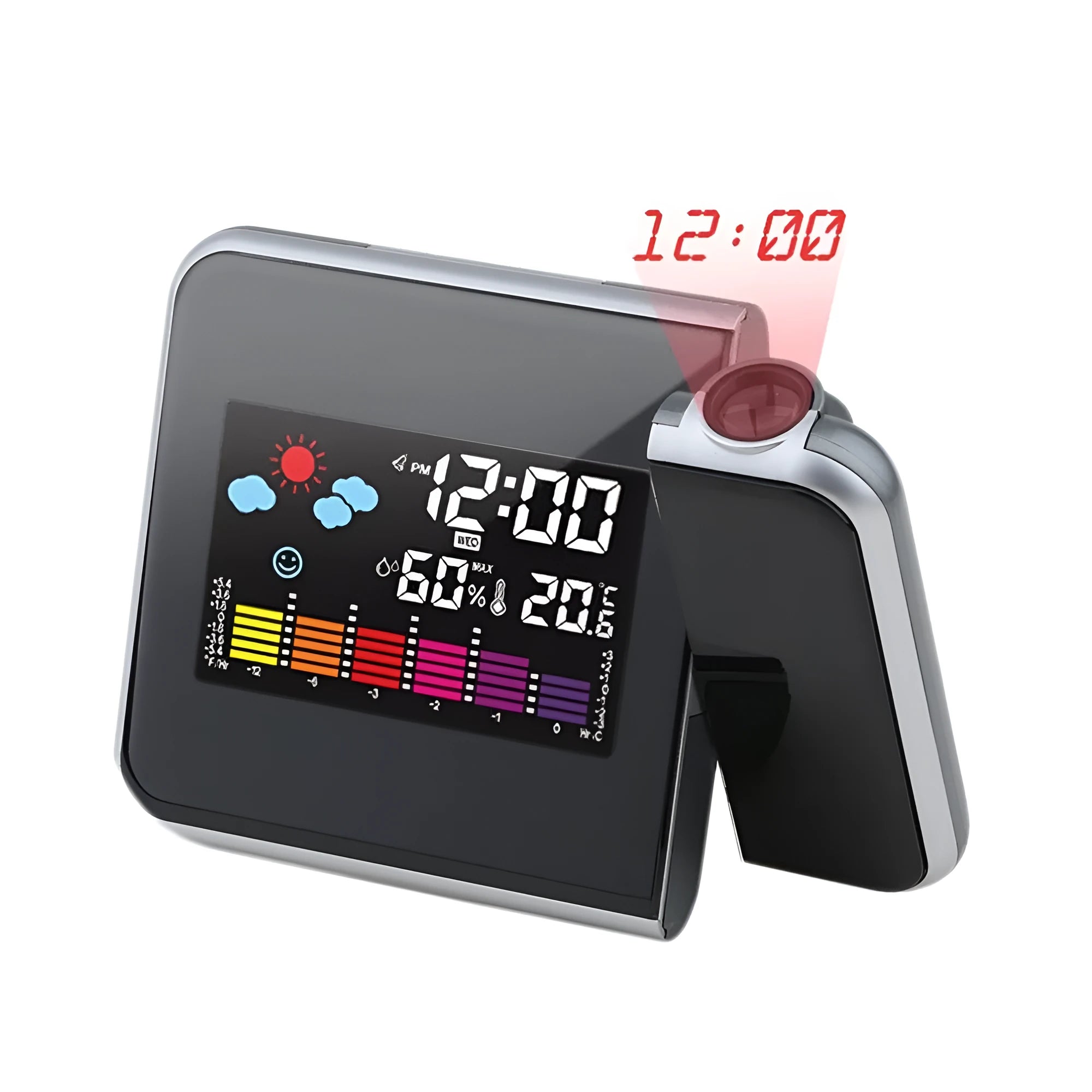 Black digital projection alarm clock with multicolour LED display on a bedside table.