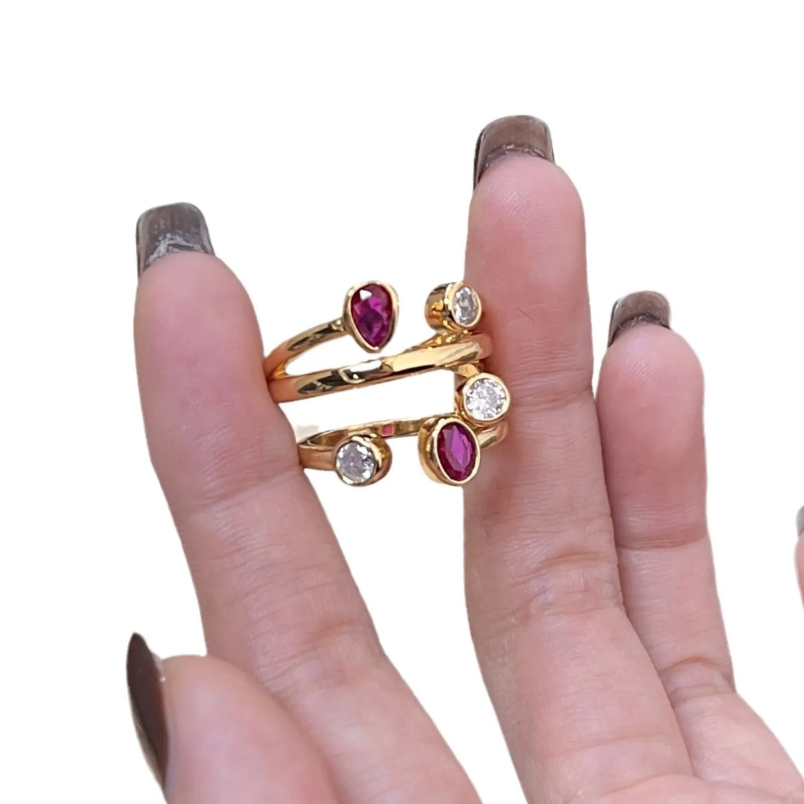 Copper geometric ring with red and white two-tone electroplated finish and group diamond setting