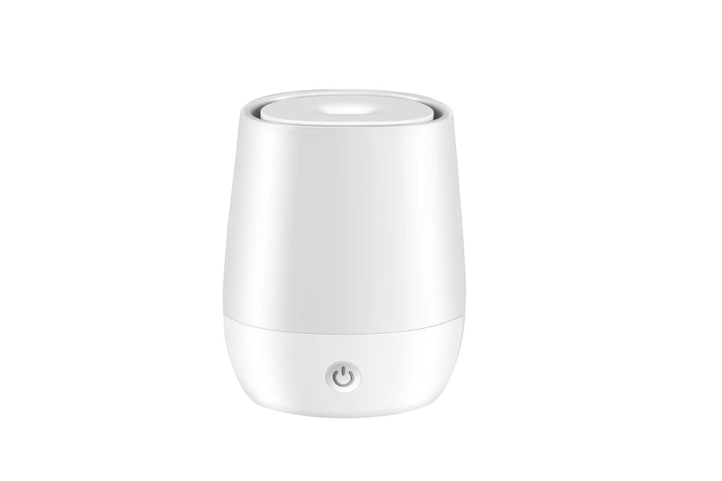 White USB aroma diffuser with simulated flame effect showing dimensions and Type-C connection