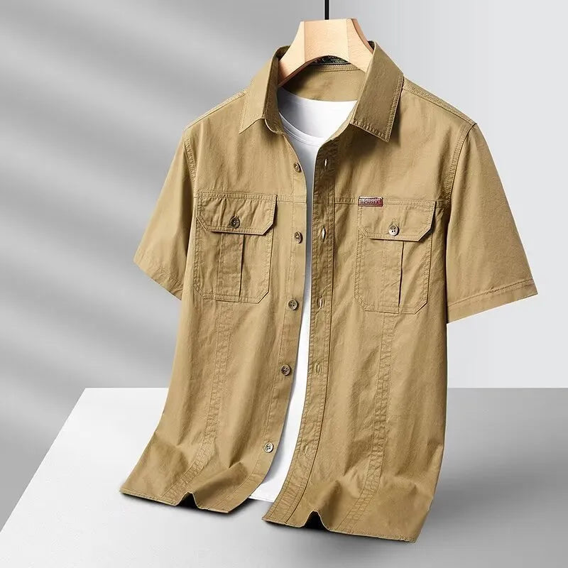 Solid colour short sleeve men's cotton blend work shirt, loose fit, available in dark blue