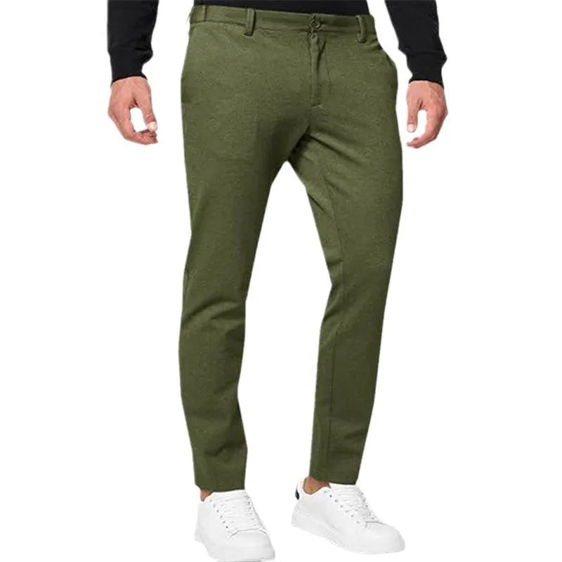 Men's slim-fit tapered chino trousers in a cotton blend fabric, shown in solid colour options.