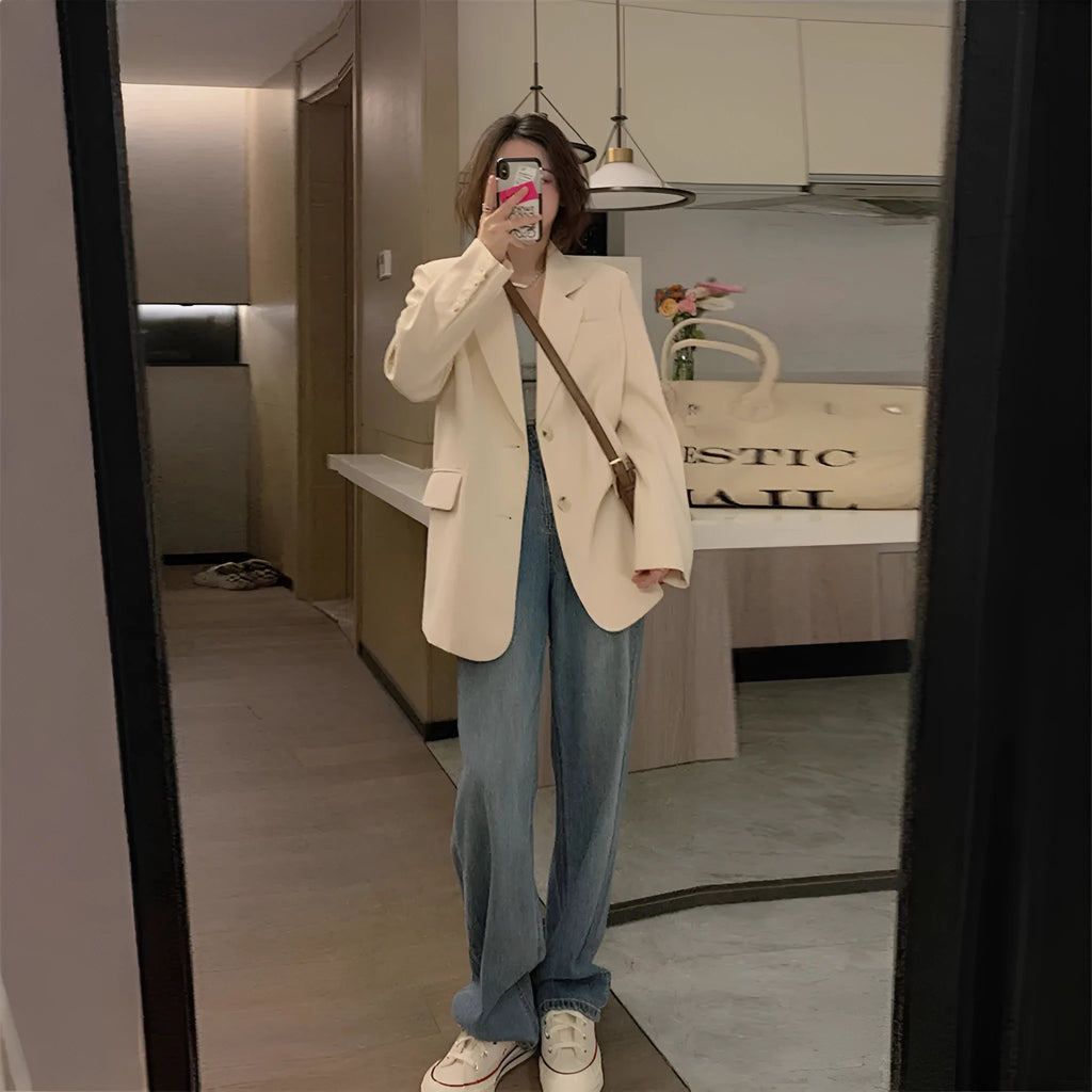 Korean style solid colour polyester blazer jacket with pockets and long sleeves