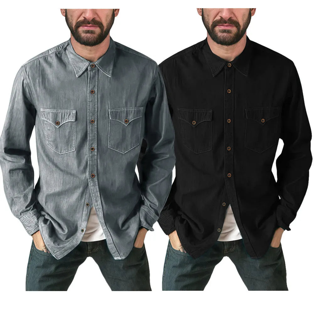 Cotton denim cardigan coat on a hanger, shown in khaki, black, blue, and grey colour options.