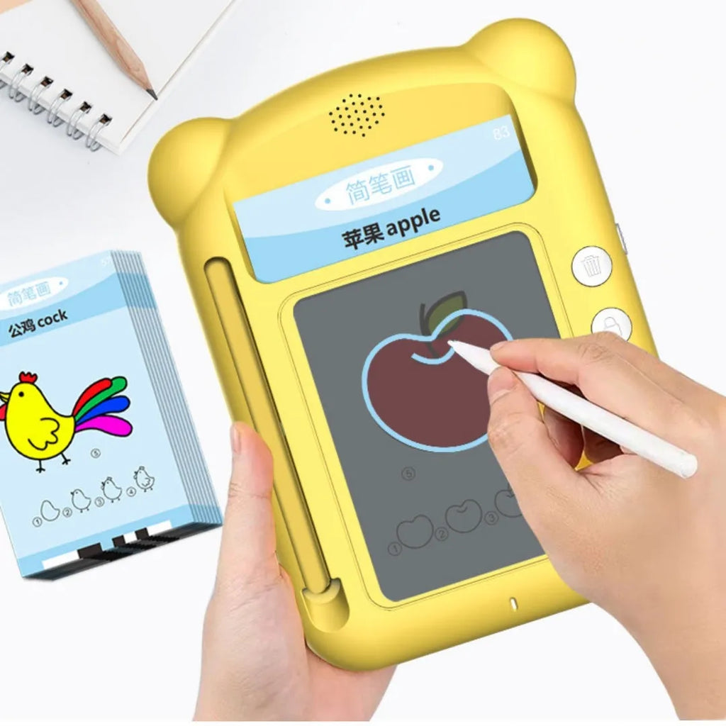 Yellow ABS plastic bilingual early learning machine with creative stick figure design and educational card sets
