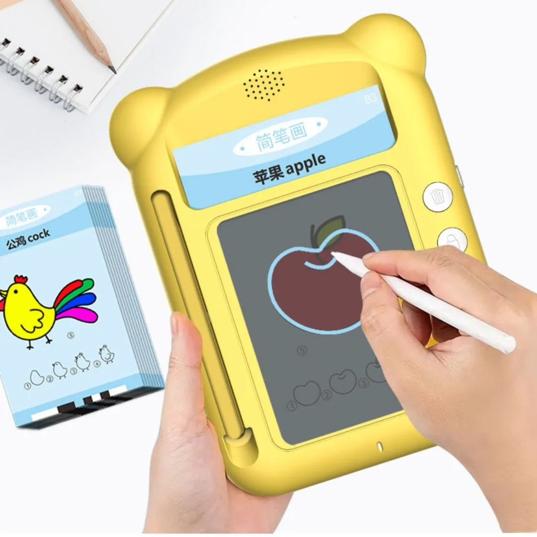 Yellow ABS plastic bilingual early learning machine with creative stick figure design and educational card sets