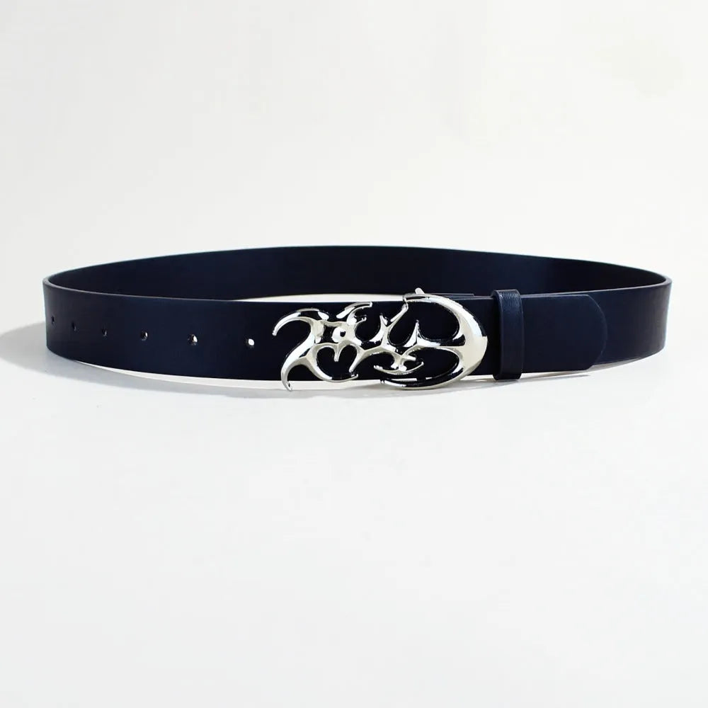 Silver buckle casual PU leather belt with snap button fastening, 105cm long