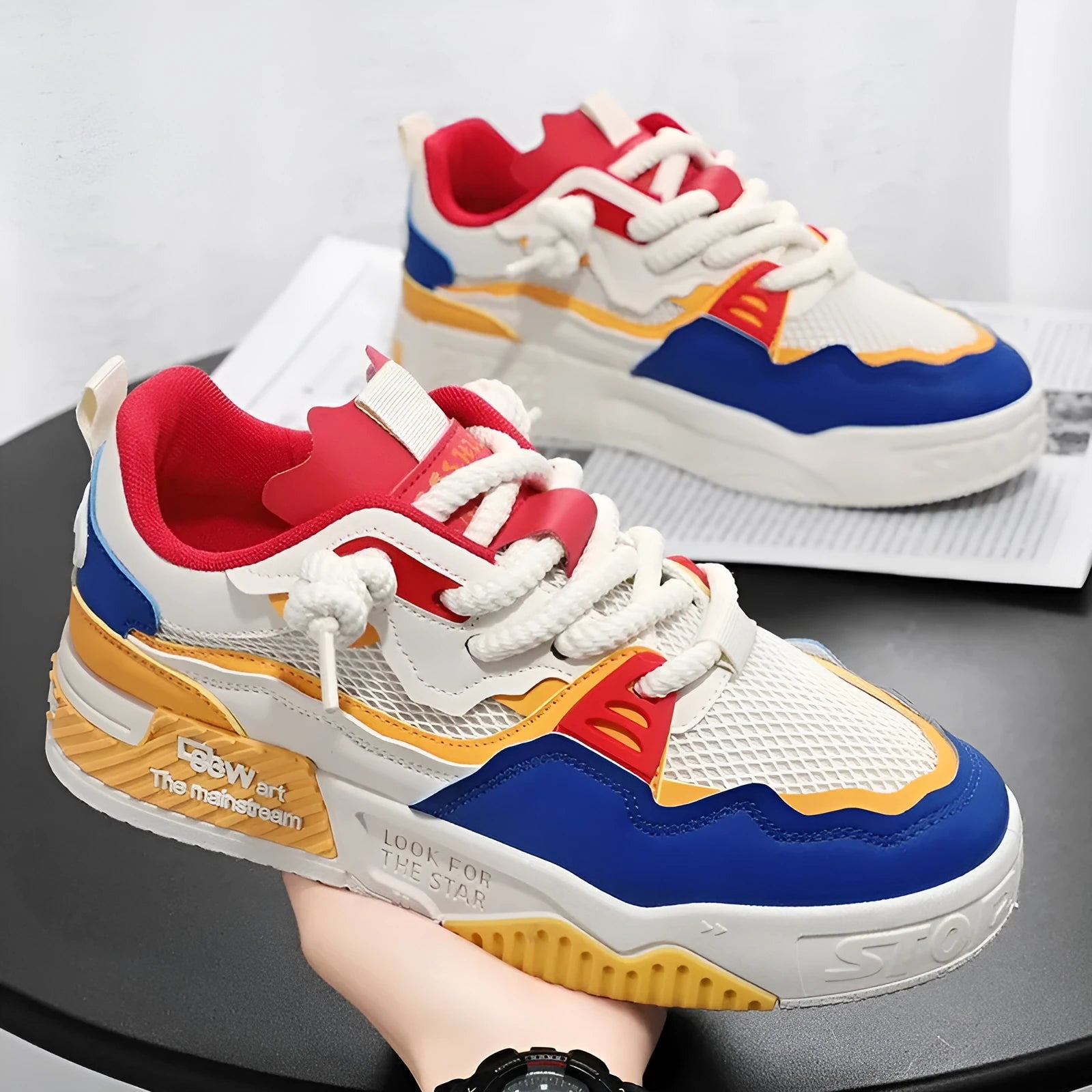 Men's low-top white board shoes with soft rubber sole in beige, white and black, and white and yellow colour options.