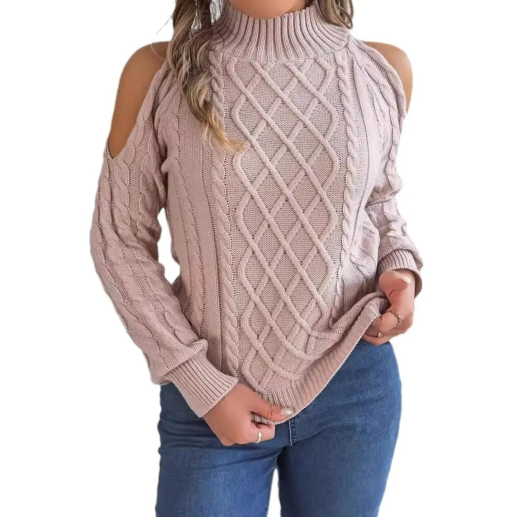 Gray women's strapless sweater with twisted knit pattern, half-high collar, and long lantern sleeves.