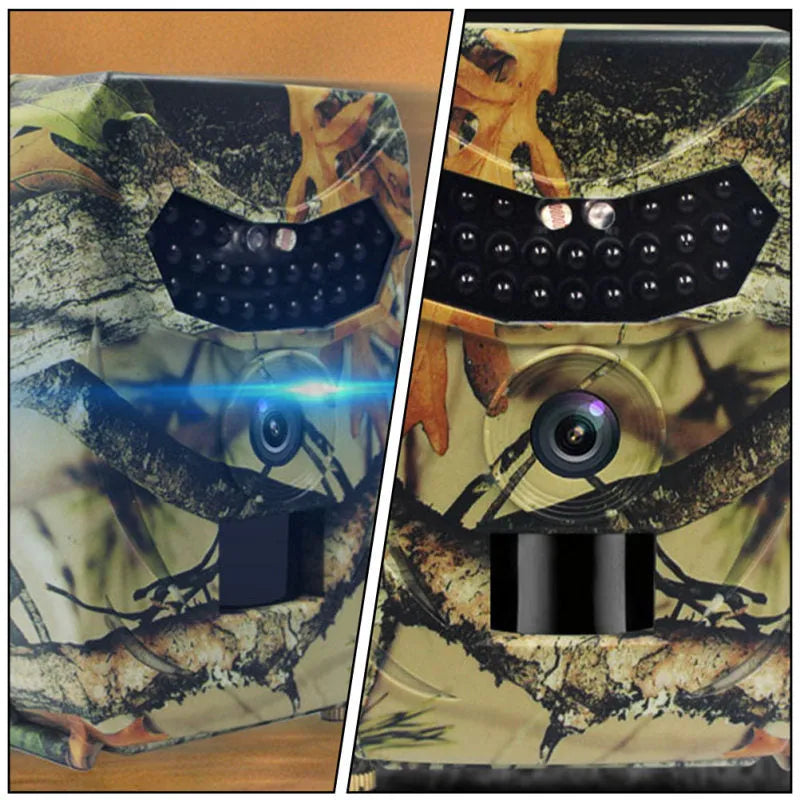 Yellow brown plastic 16MP hunting game camera with infrared lights and wide lens for outdoor wildlife monitoring.