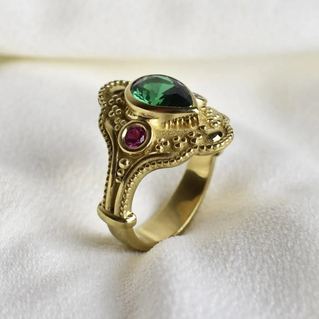 Women's geometric gold-plated ring with electroplated golden lvzuan finish shown from side view