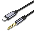 Nylon-braided car audio cable in silver colour with 3.5mm connectors at both ends