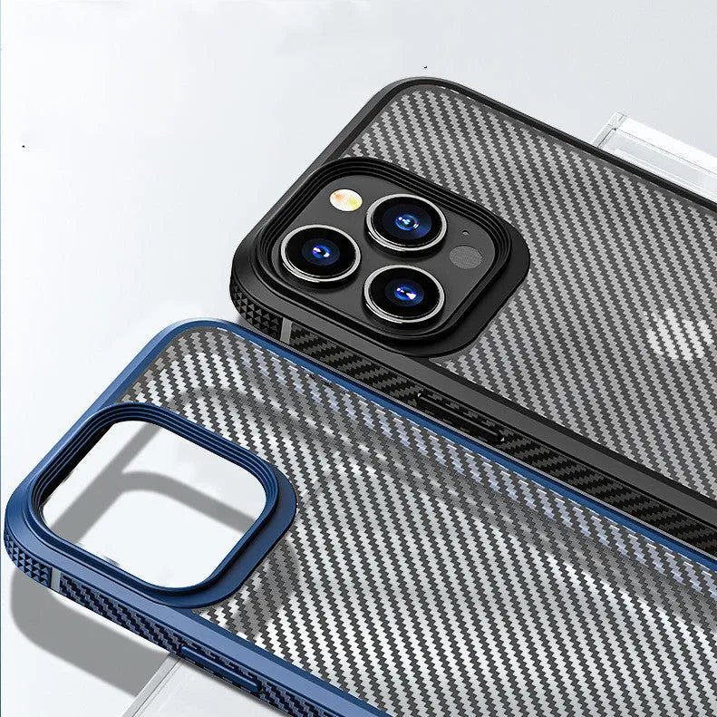 Black and blue anti-fall protective cases for iPhone 13 series with carbon fibre pattern