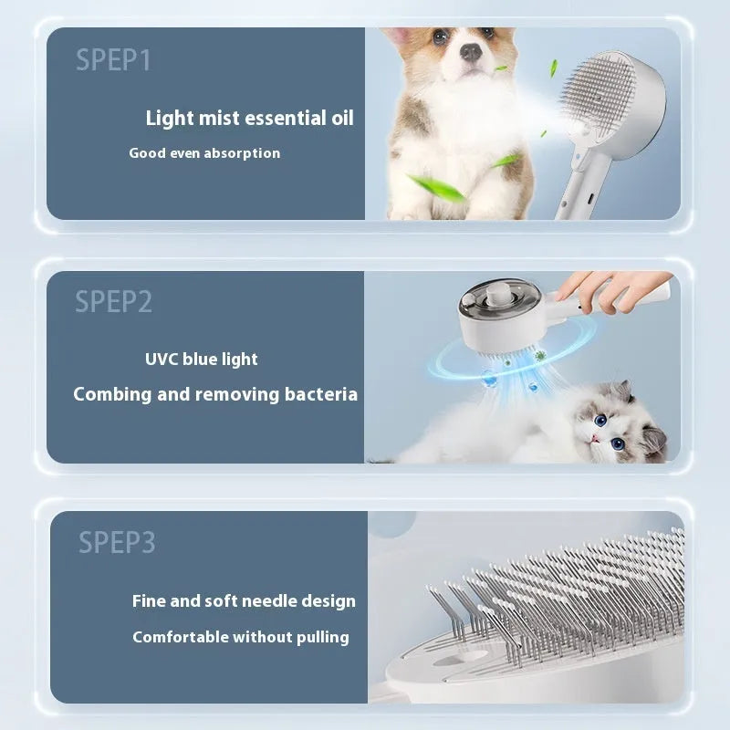Ceramic white pet grooming brush with spray function and UV sterilisation light for cats and dogs