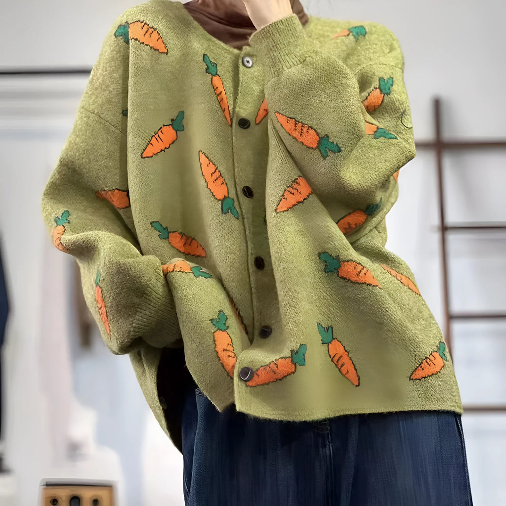 Round neck Mori artistic printing cardigan sweater in viscose fibre with colour contrast design