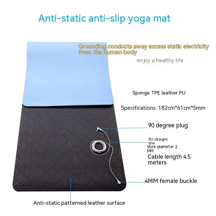 Blue conductive yoga mat with plant pattern, grounding wire, and 182x61cm dimensions