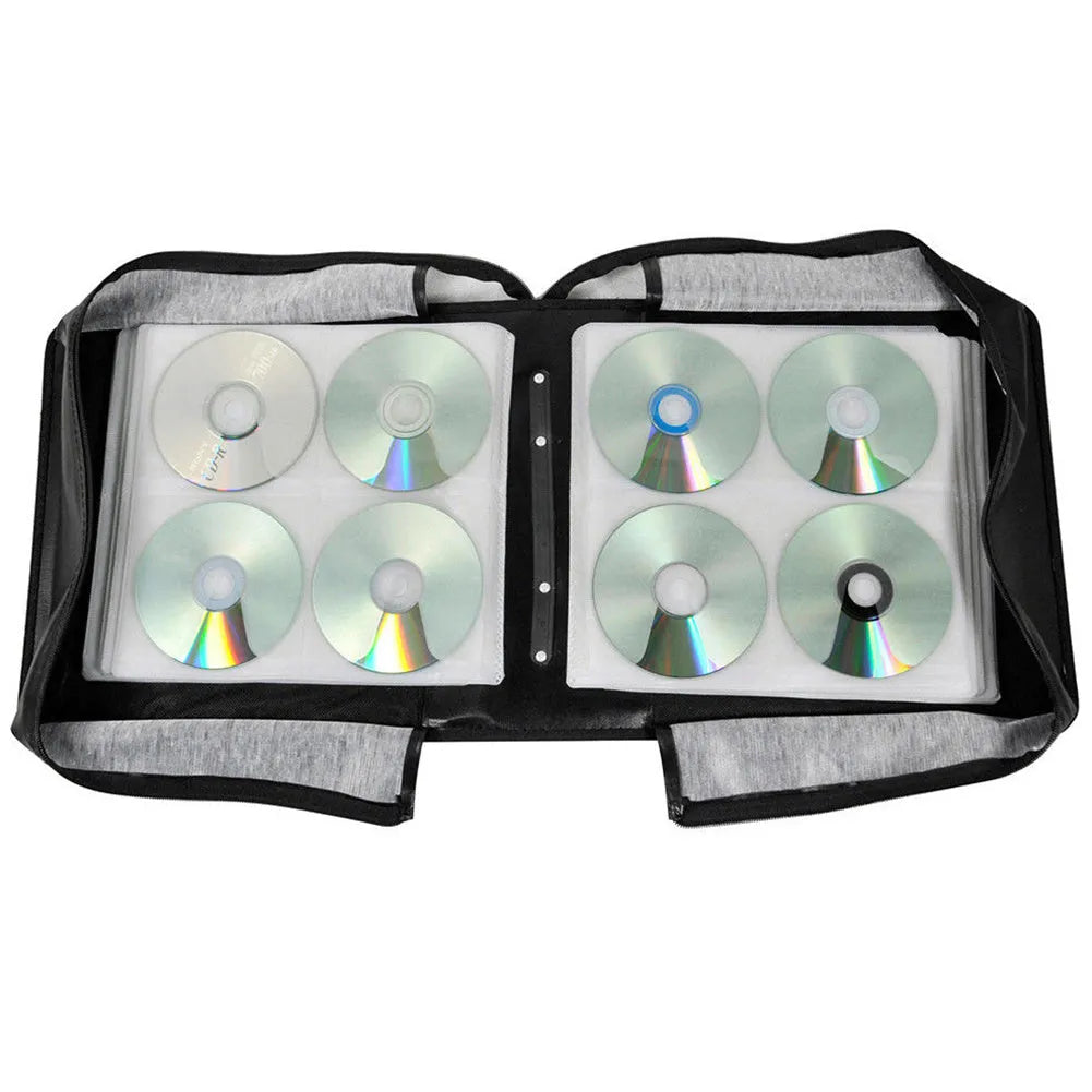 Black Oxford fabric CD storage organiser binder with zipper closure and top hand strap
