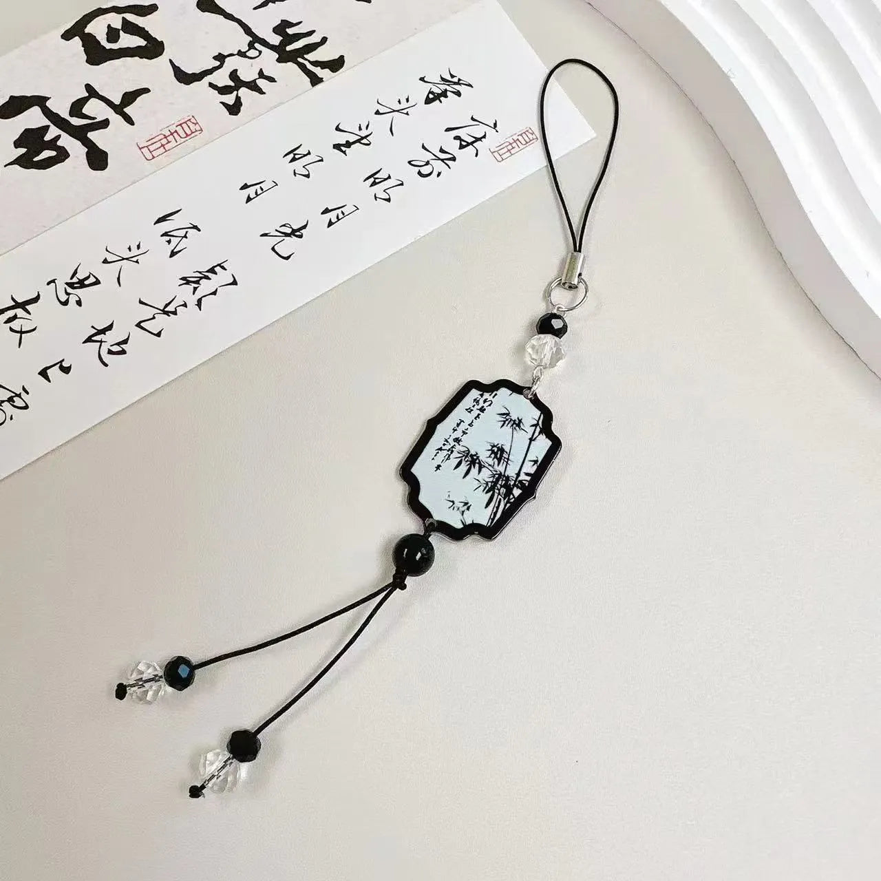 Chinese style beaded keychain with fan and poetry pattern for schoolbag or car