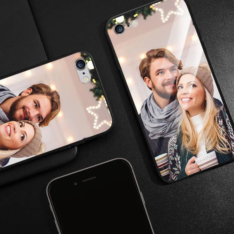 Slim hard back patterned case for iPhone with raised edge protecting camera and screen.