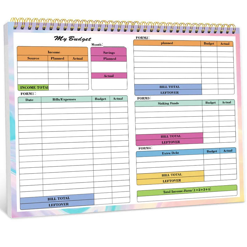 B5 budget tally notebook with blue PP cover and spiral binding for tracking income and expenses.